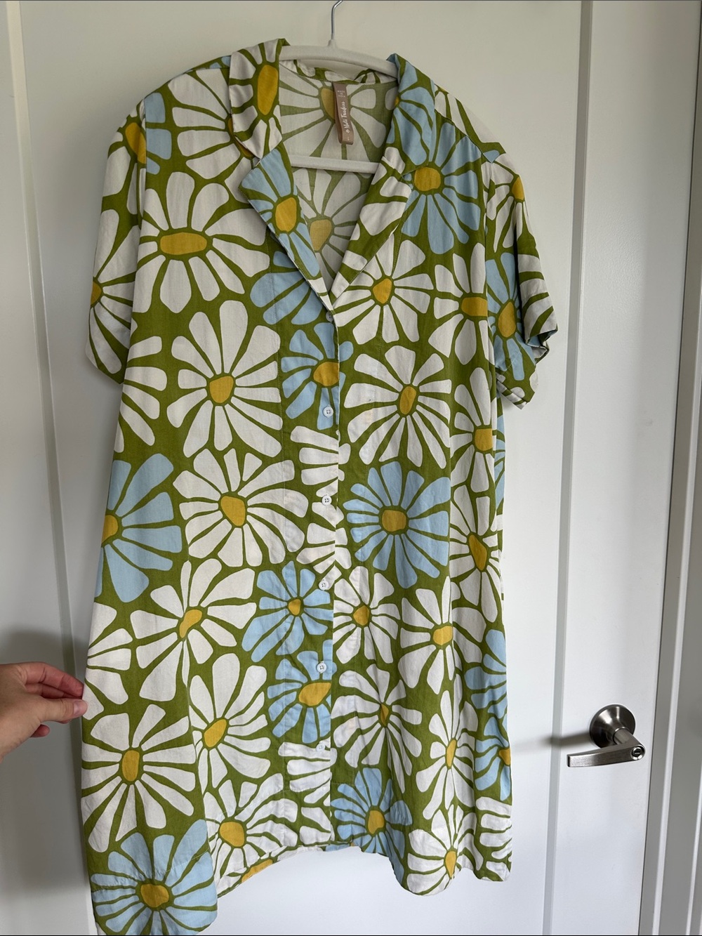 Mata Traders Olive Green Daisy Print Mini Dress with White, Blue, Yellow Size L